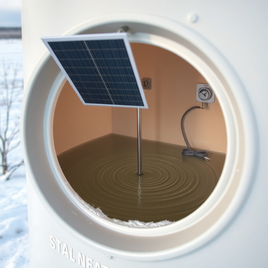 A photorealistic photo showing a close-up of a solar-powered immersion heater installed in