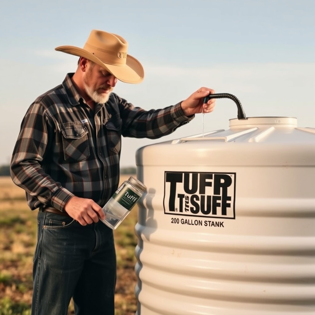 <clean photorealistic photo of a livestock farmer collecting a water sample from a Tuff St