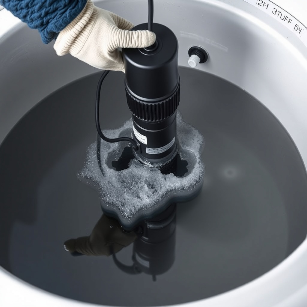 <A photorealistic photo showing a person's gloved hands lowering a black submersible heate