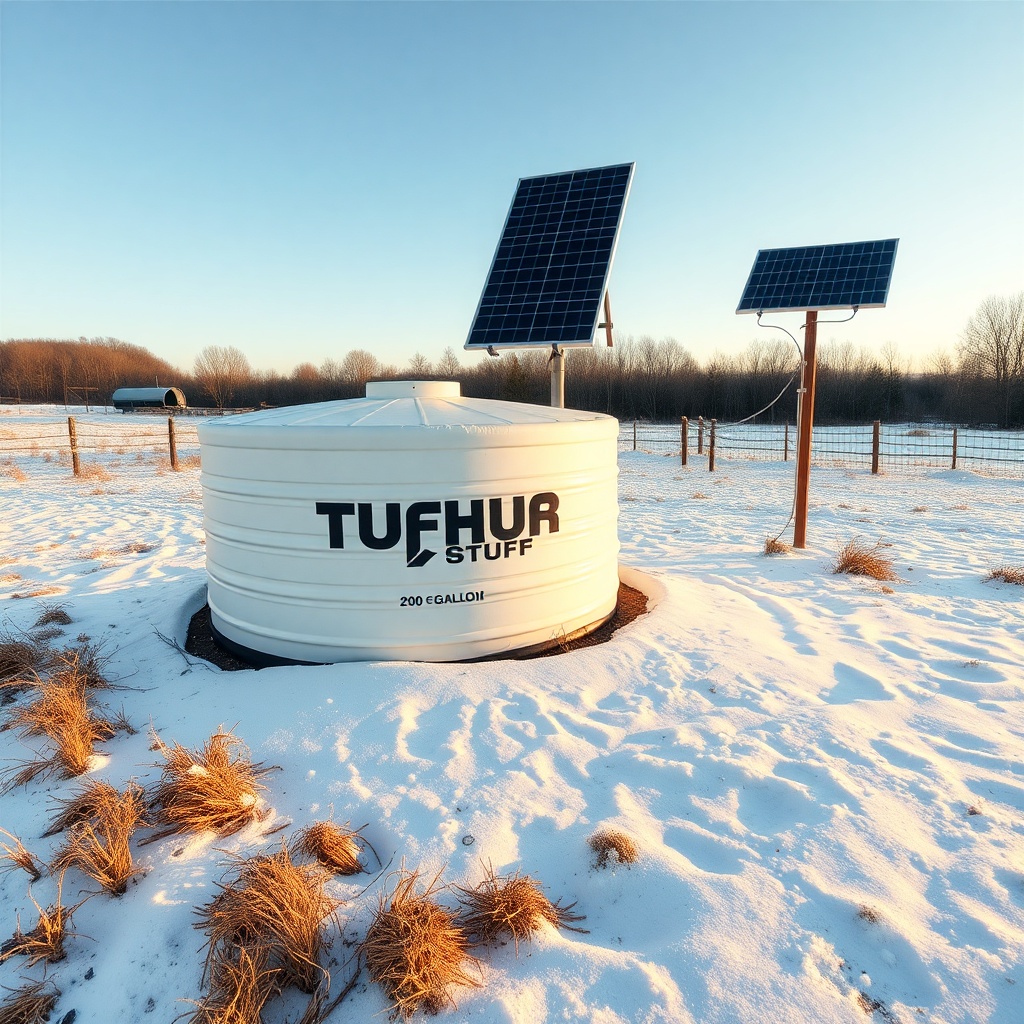 <A wide-angle shot showing a Tuff Stuff 200-gallon stock tank in a snowy pasture
