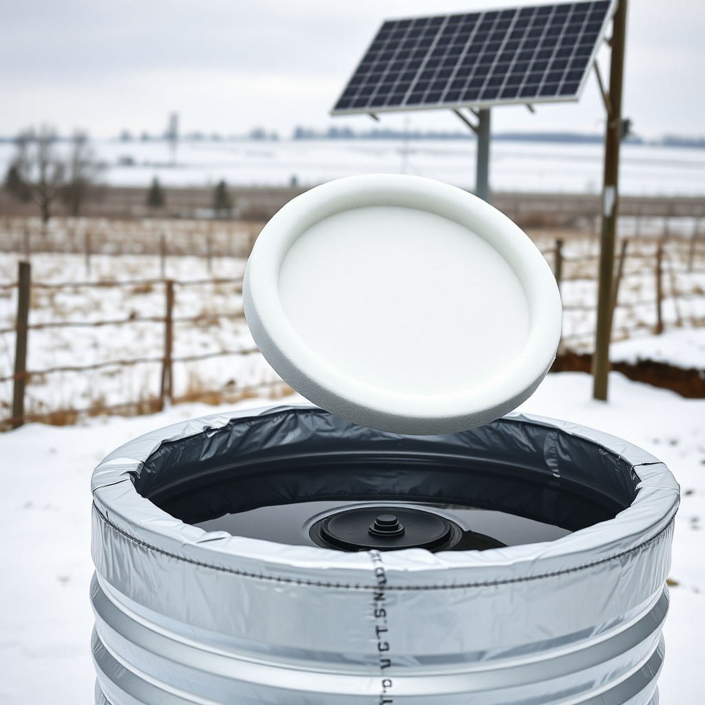 <A close-up photo showing a Tuff Stuff 200-gallon stock tank wrapped in silver reflective